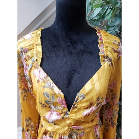 Forever 21 Sheath Dress Womens OX Yellow Floral Keyhole Back Bow Sweetheart Neck - Picture 11 of 14